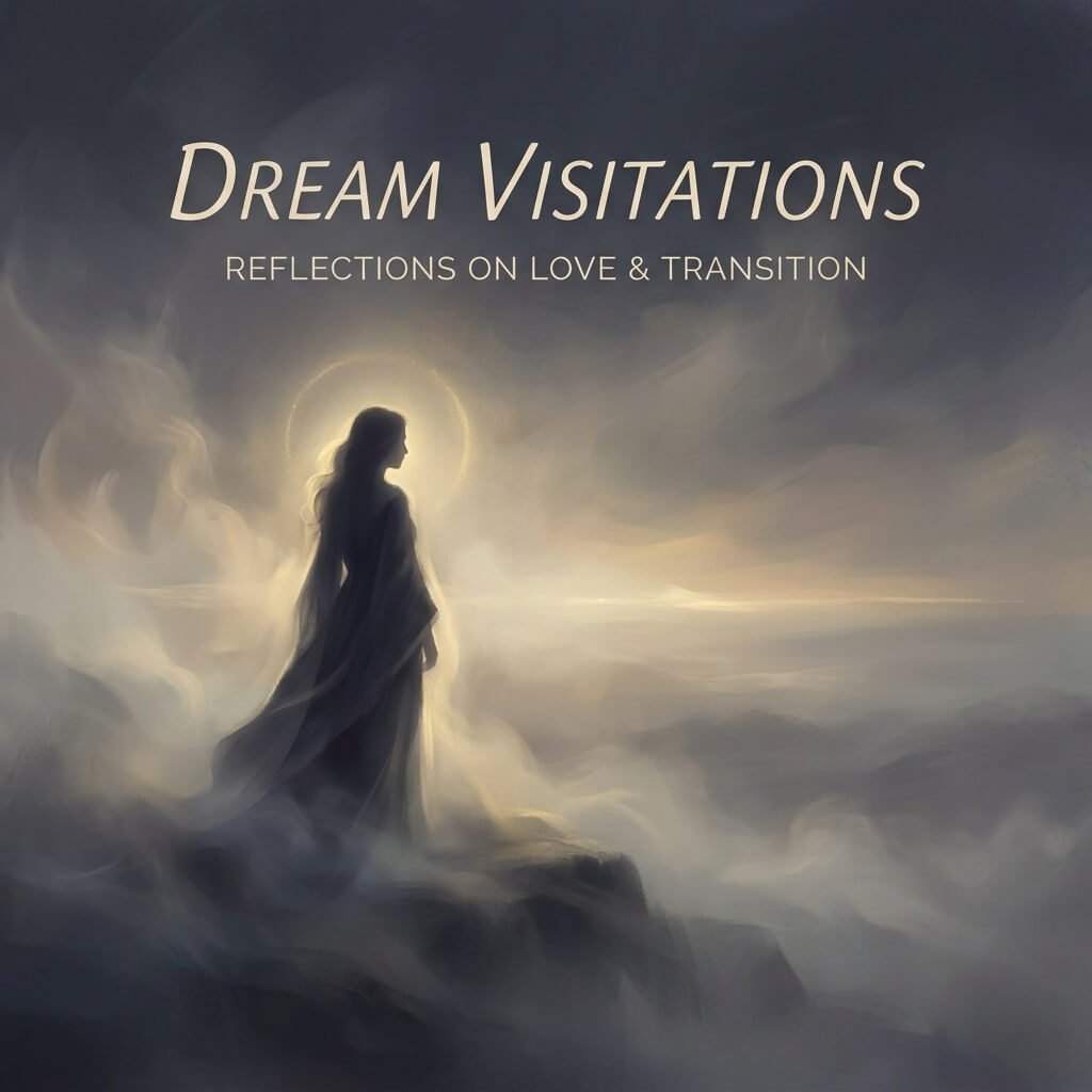 Glowing silhouette of a woman standing on a misty cliff with a halo of light, representing the psychological and spiritual meaning of a widow appearing in a dream.