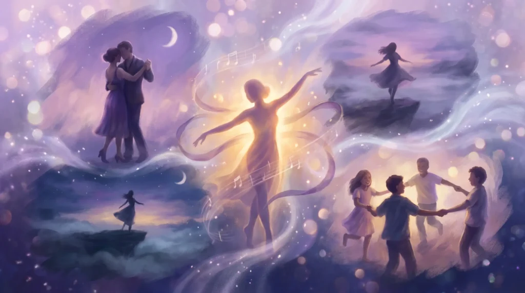 Surreal dream illustration showing multiple dancing scenarios including couple dancing, solo dancer and group dancing in purple misty clouds