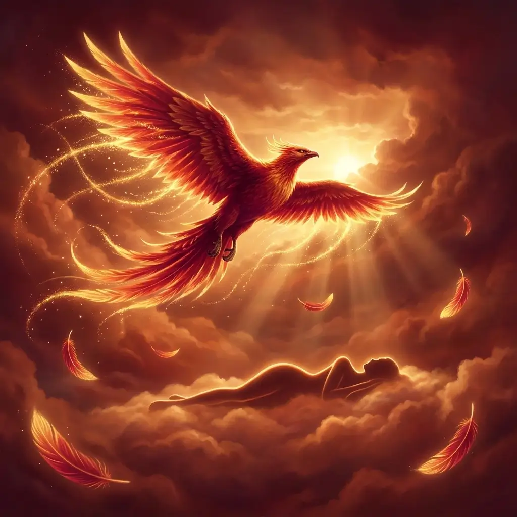 Red bird with glowing feathers flying over sleeping silhouette in dream clouds
