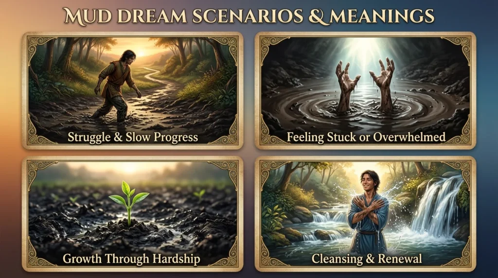 Four-panel illustration showing mud dream meanings — struggle, feeling stuck, growth through hardship, and cleansing