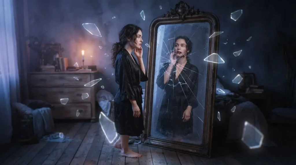 Woman touching her jaw while looking at her reflection in a cracked mirror, symbolizing the dream of a chipped tooth meaning