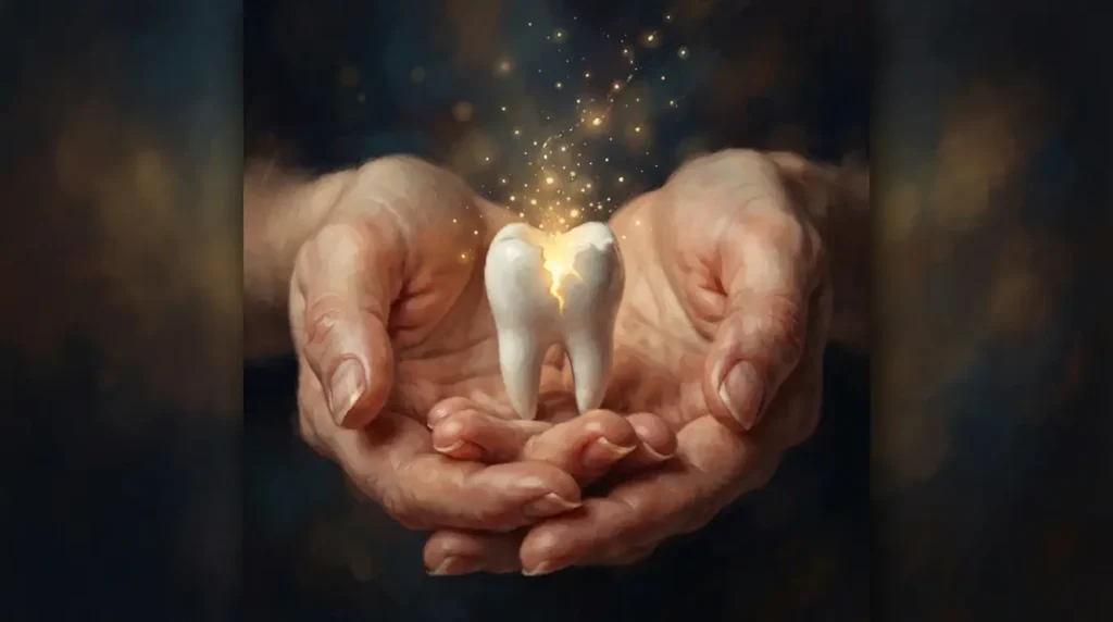 Hands cupping a glowing chipped tooth, representing the spiritual and symbolic meaning behind the dream of a chipped tooth