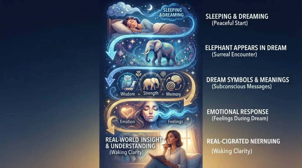 Infographic showing dream interpretation journey from sleeping and dreaming to elephant appearing in dream, decoding symbols of wisdom, strength and memory, through emotional response to real-world waking clarity