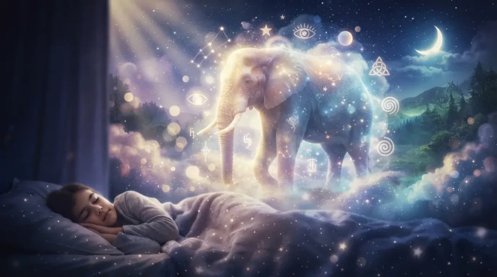 Person sleeping peacefully while a glowing, star-filled elephant surrounded by mystical symbols such as an eye, spiral, and crescent moon appears above them in a dreamlike night sky