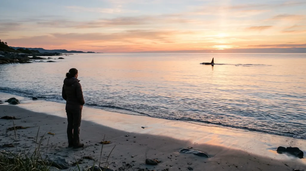 Person watching a killer whale surface near shore at sunset, reflecting on the biblical meaning of a killer whale in a dream