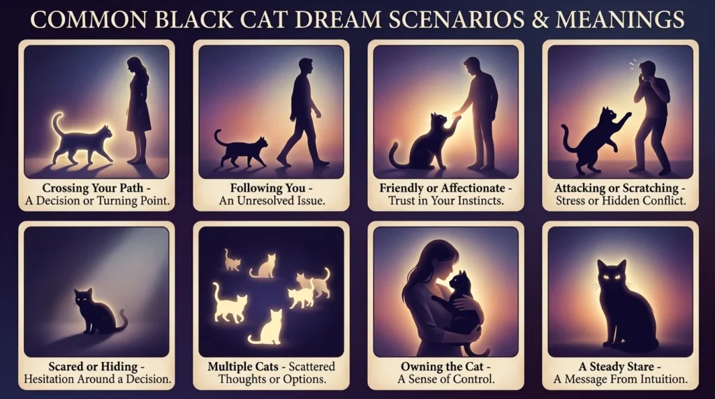 Infographic titled "Common Black Cat Dream Scenarios and What They Mean" with eight panels showing symbolic light imagery for a cat crossing your path, following you, being friendly, attacking, hiding, multiple cats, owning a cat, and a cat staring