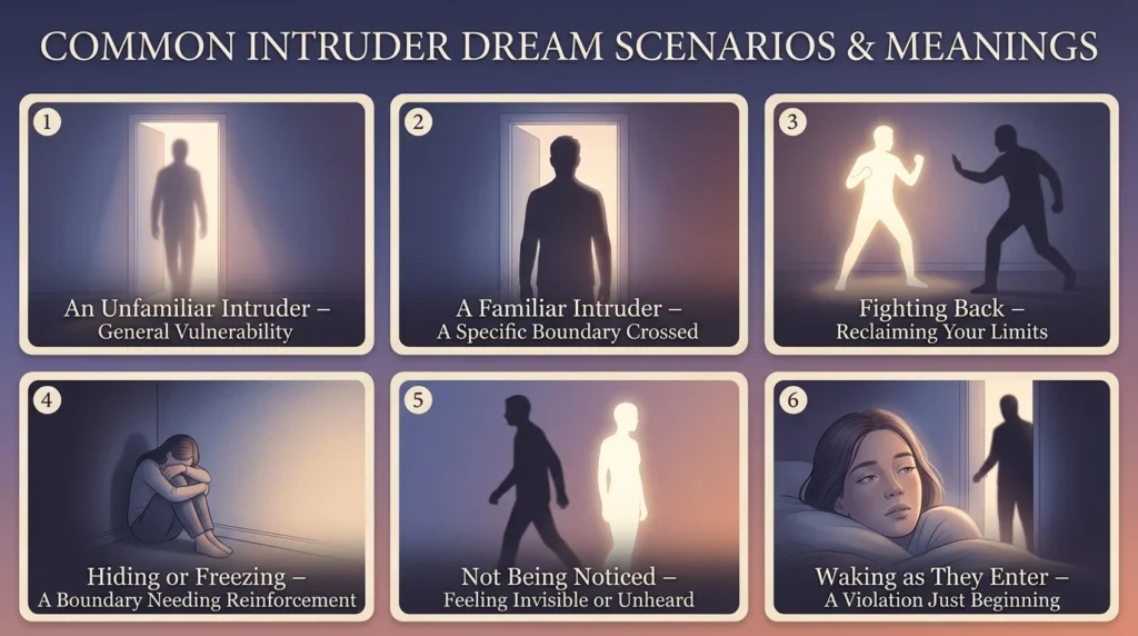 Common Intruder Dream Scenarios" with six panels showing symbolic light and shadow imagery representing an unfamiliar intruder, a familiar one, fighting back, hiding, being unnoticed, and waking as they enter