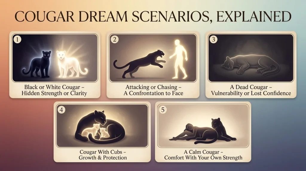 Infographic titled "Cougar Dream Scenarios, Explained" with five panels showing symbolic light imagery for a black or white cougar, an attacking cougar, a dead cougar, a cougar with cubs, and a calm cougar
