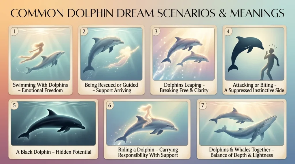 Infographic titled "Common Dolphin Dream Scenarios & Meanings" with seven panels showing symbolic light imagery for swimming with dolphins, being rescued, leaping dolphins, an attacking dolphin, a black dolphin, riding a dolphin, and dolphins with whales