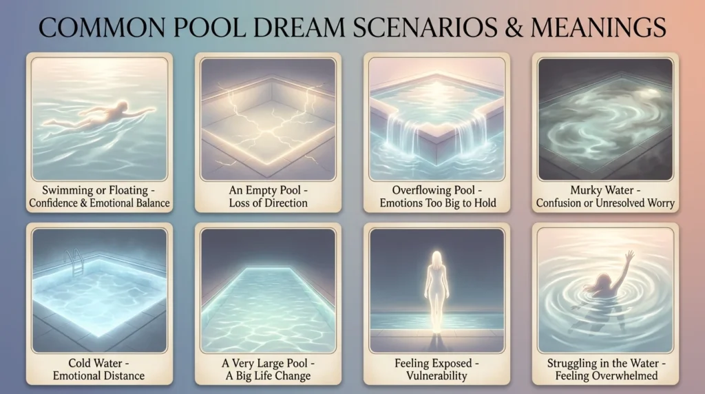 Infographic titled "Common Pool Dream Scenarios and What They Mean" with eight panels showing symbolic light imagery for swimming, an empty pool, overflowing water, murky water, cold water, a large pool, being naked, and drowning