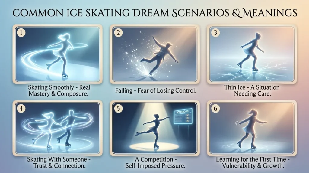 Infographic titled "Common Train Dream Scenarios" with seven panels showing symbolic light imagery for missing the train, a derailment, waiting at a station, riding smoothly, a train out of control, boarding an unfamiliar train, and passing through a tunnel