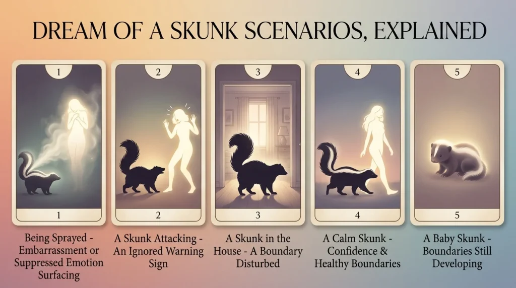 Infographic titled "Dream of a Skunk Scenarios, Explained" with five panels showing symbolic light imagery for being sprayed, an attacking skunk, a skunk in the house, a calm skunk, and a baby skunk