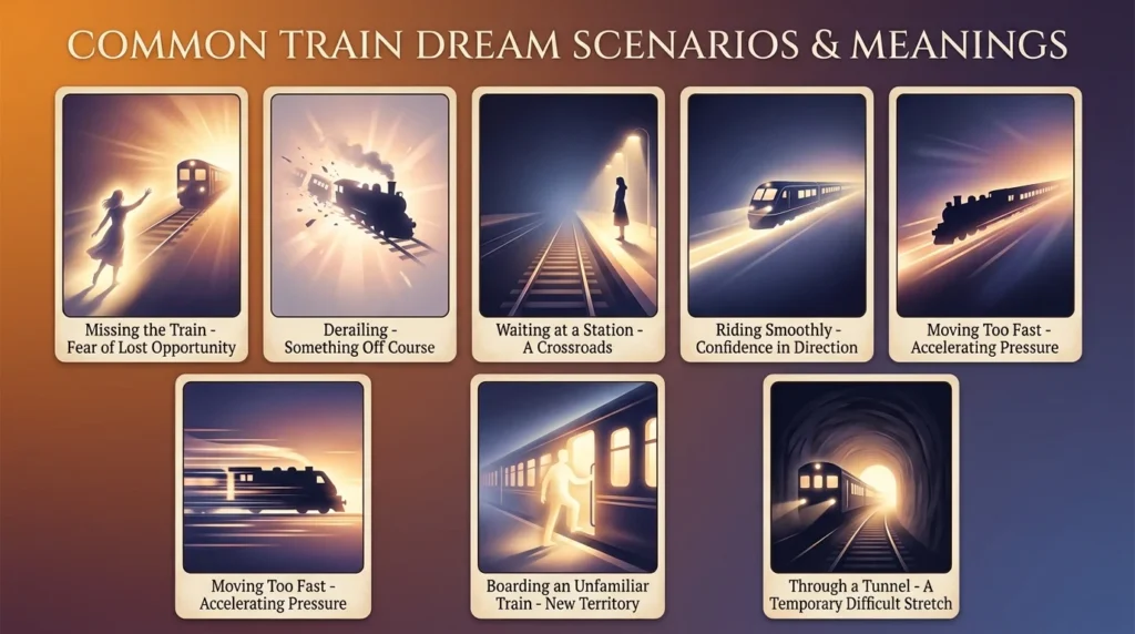 Infographic titled "Common Ice Skating Dream Scenarios" with six panels showing symbolic light imagery for skating smoothly, falling, thin ice, skating with someone, competition, and learning for the first time