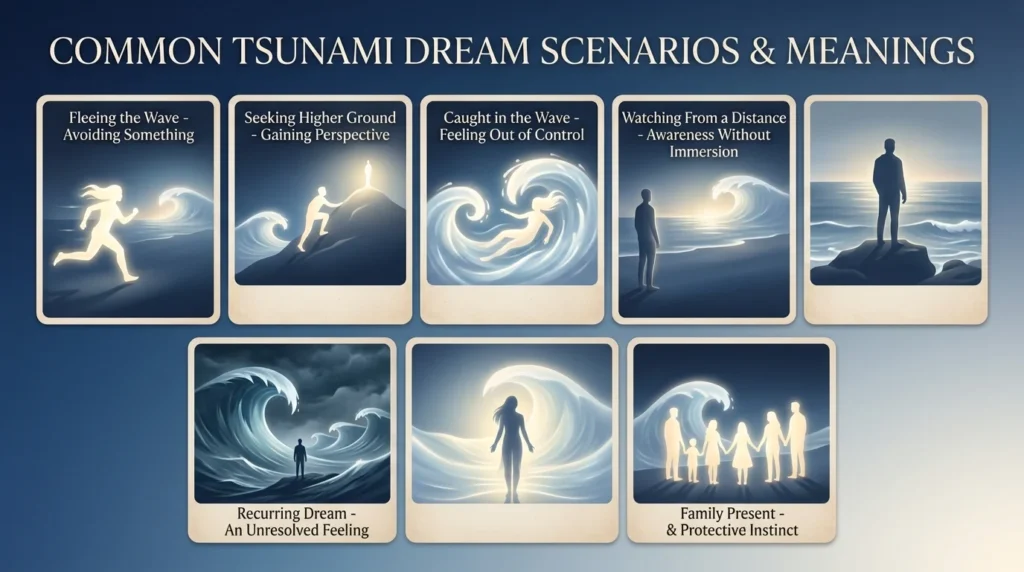 Infographic titled "Common Tsunami Dream Scenarios" with seven panels showing symbolic wave and light imagery representing fleeing, seeking higher ground, being caught in the wave, watching from a distance, surviving, family presence, and recurring dreams
