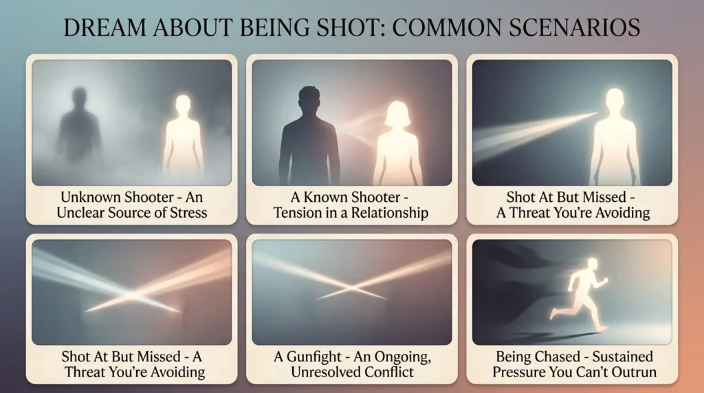 Infographic titled "Dream About Being Shot: Common Scenarios" with six panels showing an unknown shooter for an unclear source of stress, a known shooter for tension in a relationship, being shot at but missed for a threat you are avoiding, a gunfight for an ongoing unresolved conflict, and a running figure for sustained pressure you cannot outrun