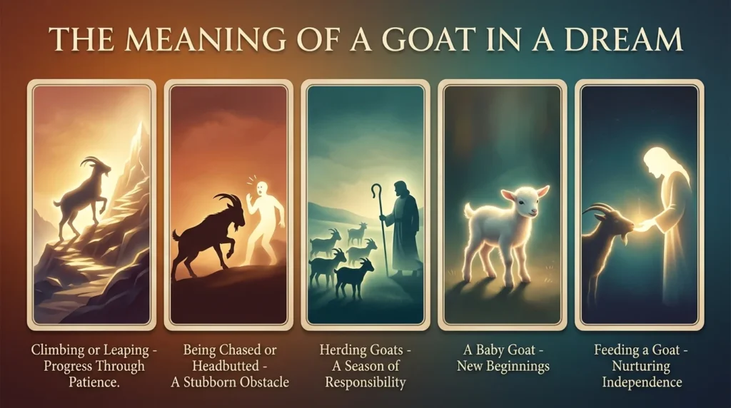Infographic titled "The Meaning of a Goat in a Dream" with five panels: a goat climbing a rocky slope for progress through patience, a goat headbutting a figure for a stubborn obstacle, a shepherd herding goats for a season of responsibility, a baby goat for new beginnings, and a person feeding a goat for nurturing independence