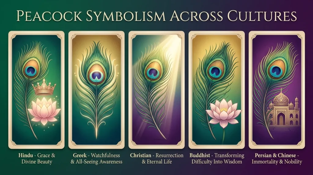 Infographic titled "Peacock Symbolism Across Cultures" with five peacock feather panels: Hindu for grace and divine beauty, Greek for watchfulness and all-seeing awareness, Christian for resurrection and eternal life, Buddhist for turning difficulty into wisdom, and Persian and Chinese for immortality and nobility