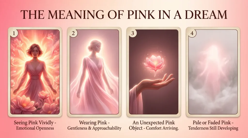 Infographic titled "The Meaning of Pink in a Dream" with four numbered panels: seeing pink vividly for emotional openness, wearing pink for gentleness and approachability, an unexpected pink object for comfort arriving, and pale or faded pink for tenderness still developing