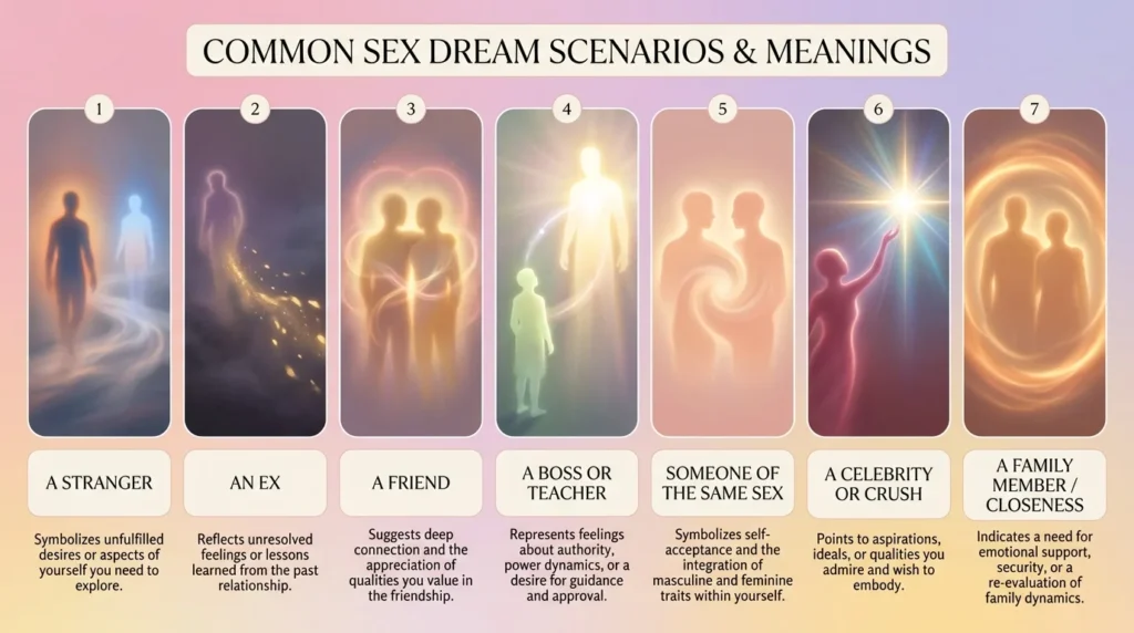 Seven symbolic illustrated panels representing different sex dream scenarios such as a stranger, an ex, and a friend