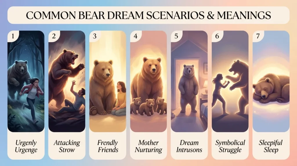 Seven illustrated panels showing different bear dream scenarios including being chased, a calm bear, and a mother bear with cubs