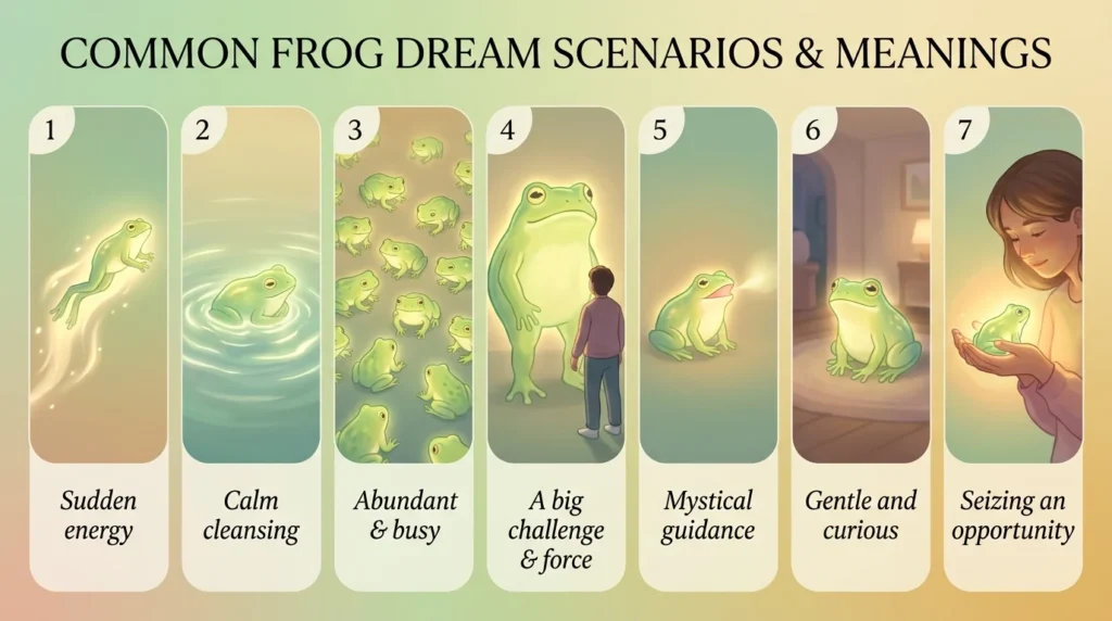 Seven illustrated panels showing different frog dream scenarios including a jumping frog, many frogs, and a frog in water