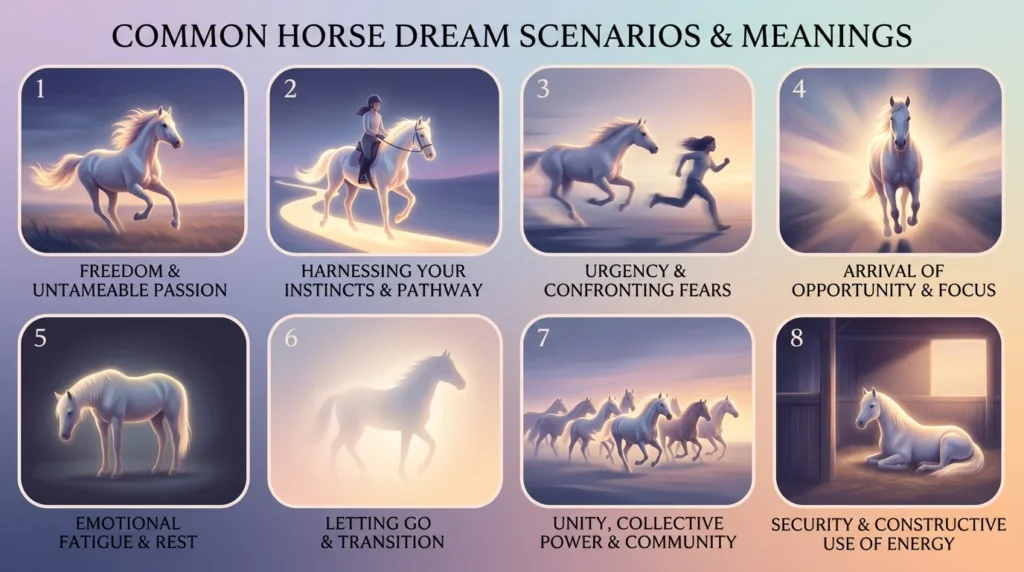Eight illustrated panels showing different horse dream scenarios including a wild horse, riding a horse, and a herd of horses