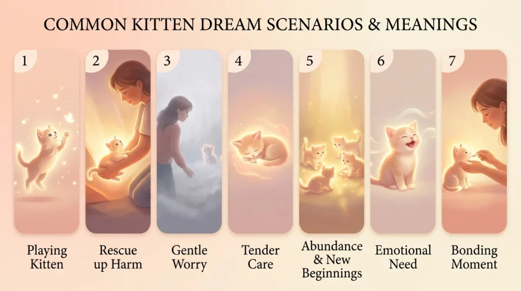 Seven illustrated panels showing different kitten dream scenarios including a playful kitten, rescuing a kitten, and a litter of kittens