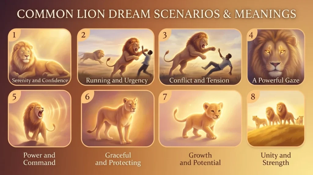 Eight illustrated panels showing different lion dream scenarios including being chased, a roaring lion, and a pride of lions