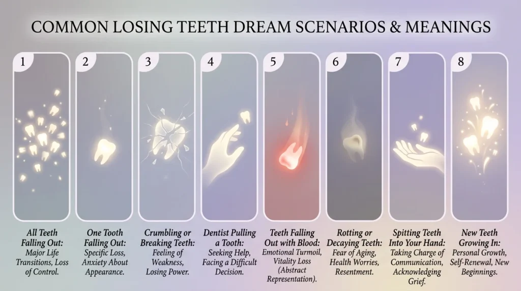Eight symbolic illustrated panels showing different losing teeth dream scenarios including all teeth falling out and new teeth growing in