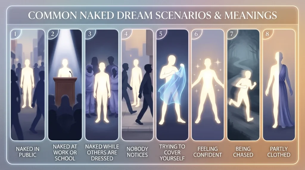 Eight symbolic illustrated panels representing different naked dream scenarios such as being in public, at work, and feeling confident
