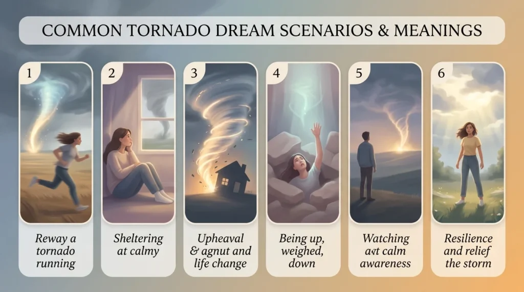 Six illustrated panels showing different tornado dream scenarios including being chased, sheltering, and surviving the storm