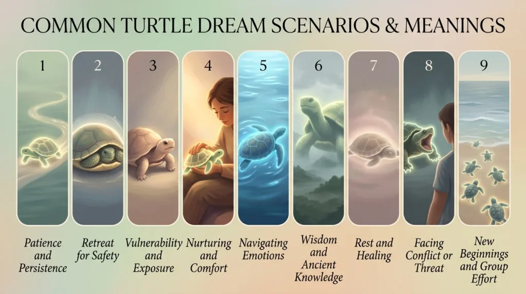 Nine illustrated panels showing different turtle dream scenarios including hiding in its shell, swimming, and baby turtles