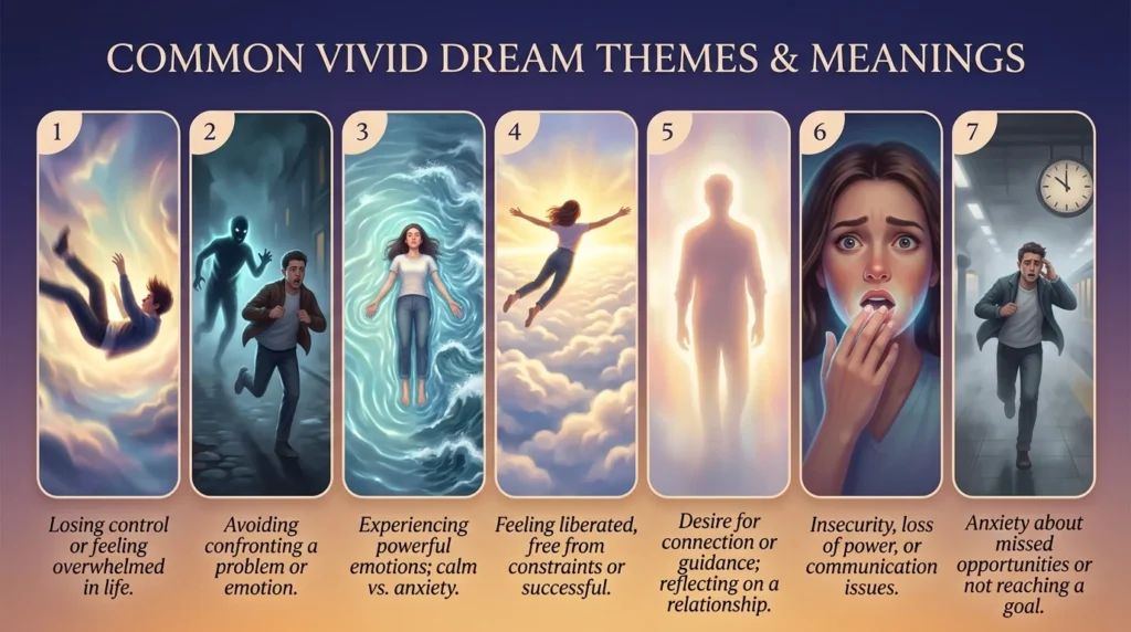Seven illustrated panels showing common vivid dream themes including falling, flying, water, and being chased