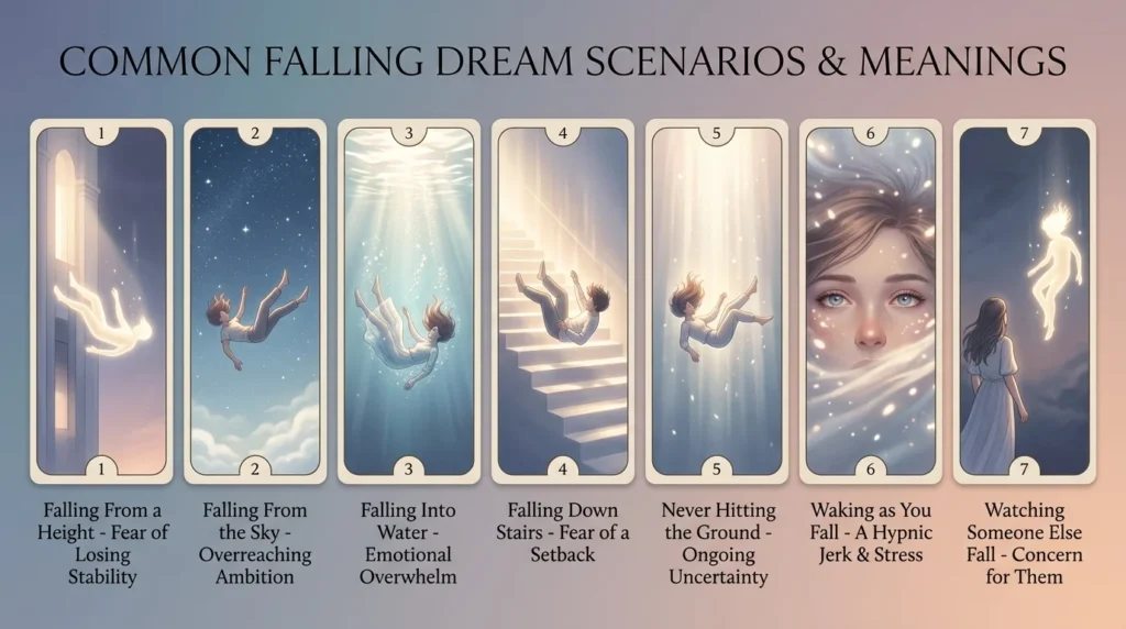 Infographic titled "Common Falling Dream Scenarios and What They Mean" with seven panels showing symbolic light imagery for falling from a height, falling from the sky, falling into water, falling down stairs, never hitting the ground, waking as you fall, and watching someone else fall