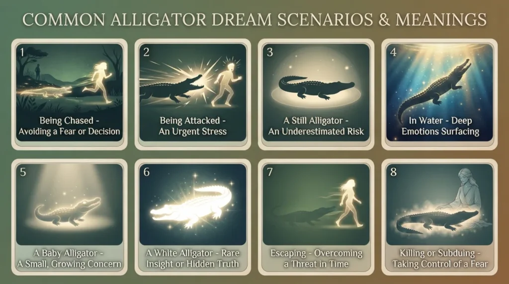 Infographic showing eight common alligator dream scenarios and meanings: an alligator chasing you, attacking you, a still or watching alligator, an alligator in water, a baby alligator, a white alligator, escaping an alligator, and killing or subduing an alligator