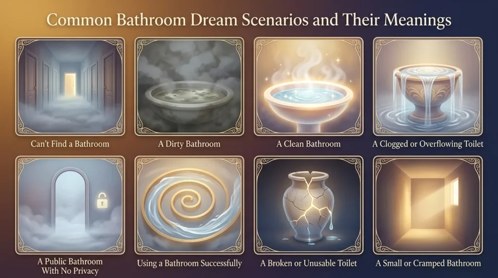 Infographic of eight bathroom dream scenarios: cant find a bathroom is a need for release, a dirty bathroom is emotions left to build up, a clean bathroom is clarity and readiness, a clogged or overflowing toilet is feelings at their limit, a public bathroom with no privacy is feeling exposed, using a bathroom successfully is healthy release, a broken or unusable toilet is struggling to let go, and a small or cramped bathroom is limited emotional space