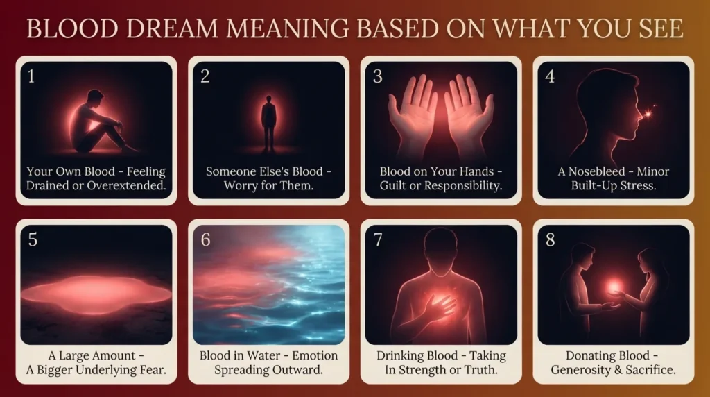 Infographic of eight blood dream meanings: your own blood is feeling drained or overextended, someone else's blood is worry for them, blood on your hands is guilt or responsibility, a nosebleed is minor built-up stress, a large amount is a bigger underlying fear, blood in water is emotion spreading outward, drinking blood is taking in strength or truth, and donating blood is generosity and sacrifice