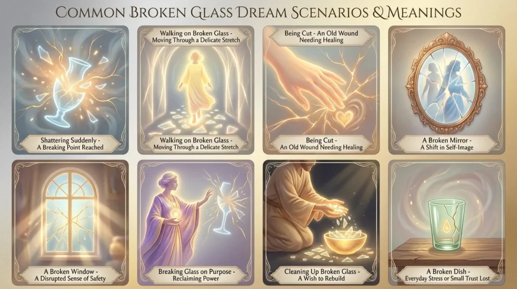 Infographic showing eight common broken glass dream scenarios and meanings: glass shattering suddenly, walking on broken glass, being cut, a broken mirror, a broken window, breaking glass on purpose, cleaning up broken glass, and a broken drinking glass