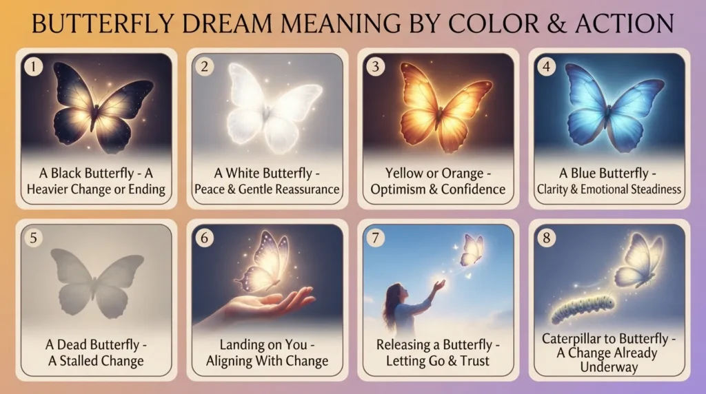 Infographic of eight butterfly dream meanings by color and action: a black butterfly is a heavier change or ending, white is peace and gentle reassurance, yellow or orange is optimism and confidence, blue is clarity and emotional steadiness, a dead butterfly is a stalled change, landing on you is aligning with change, releasing one is letting go and trust, and caterpillar to butterfly is a change already underway