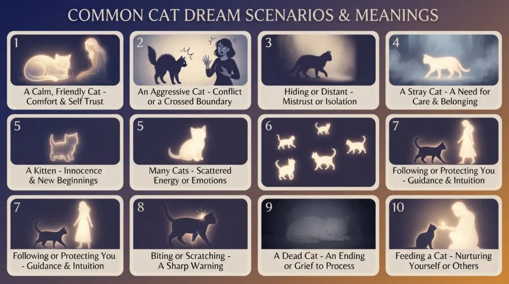 Infographic showing ten common cat dream scenarios and meanings: a calm friendly cat, an aggressive cat, hiding or distant, a stray cat, a kitten, many cats, a cat following or protecting you, biting or scratching, a dead cat, and feeding a cat