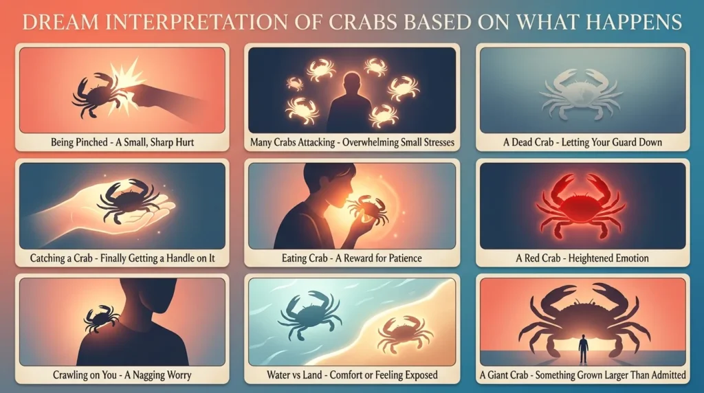 Infographic showing nine crab dream scenarios and meanings: being pinched, many crabs attacking, a dead crab, catching a crab, eating crab, a red crab, a crab crawling on you, a crab in water versus on land, and a giant crab
