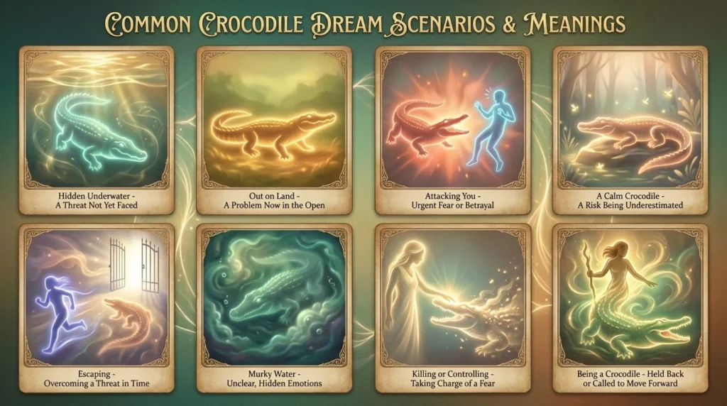 Infographic showing eight common crocodile dream scenarios and meanings: hidden underwater, out on land, attacking you, a calm crocodile, escaping, murky water, killing or controlling, and being a crocodile yourself