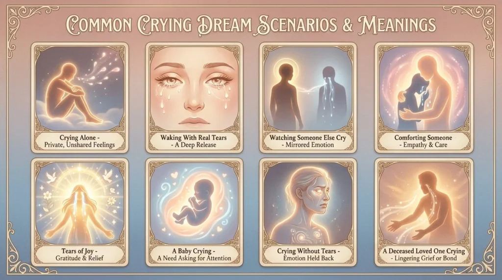 Infographic showing eight common crying dream scenarios and meanings: crying alone, waking with real tears, watching someone else cry, comforting someone, tears of joy, a baby crying, crying without tears, and a deceased loved one crying