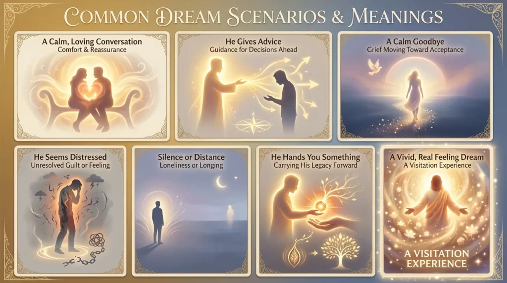 Infographic showing seven common dream scenarios about talking to a dead husband and their meanings: a calm loving conversation, he gives advice, he says goodbye calmly, he seems angry or accusing, he is silent or distant, he hands you an object, and a vivid visitation-like conversation