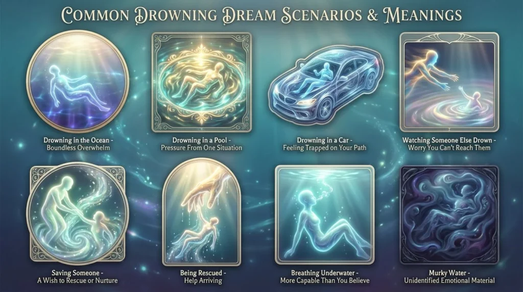 Infographic showing eight common drowning dream scenarios and meanings: drowning in the ocean, in a pool, in a car, watching someone else drown, saving someone, being rescued, breathing underwater, and murky water