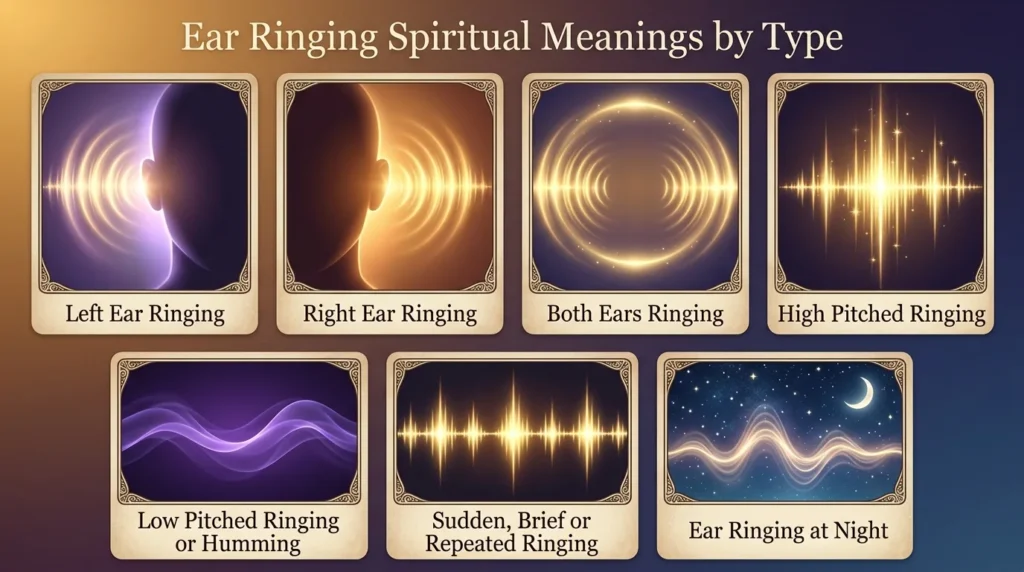 Infographic of seven ear ringing types and their spiritual meanings: left ear ringing, right ear ringing, both ears ringing, high pitched ringing, low pitched ringing or humming, sudden brief or repeated ringing, and ear ringing at night