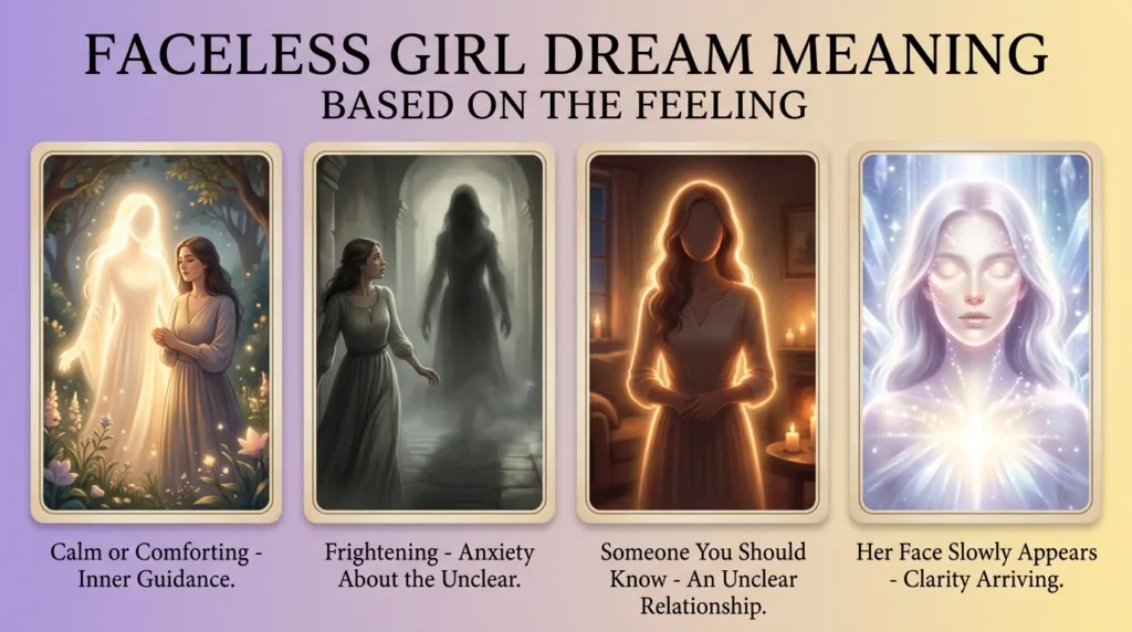 Infographic showing four faceless girl dream variations and meanings: a calm or comforting faceless girl, a frightening faceless girl, someone you feel you should know, and a face that slowly appears