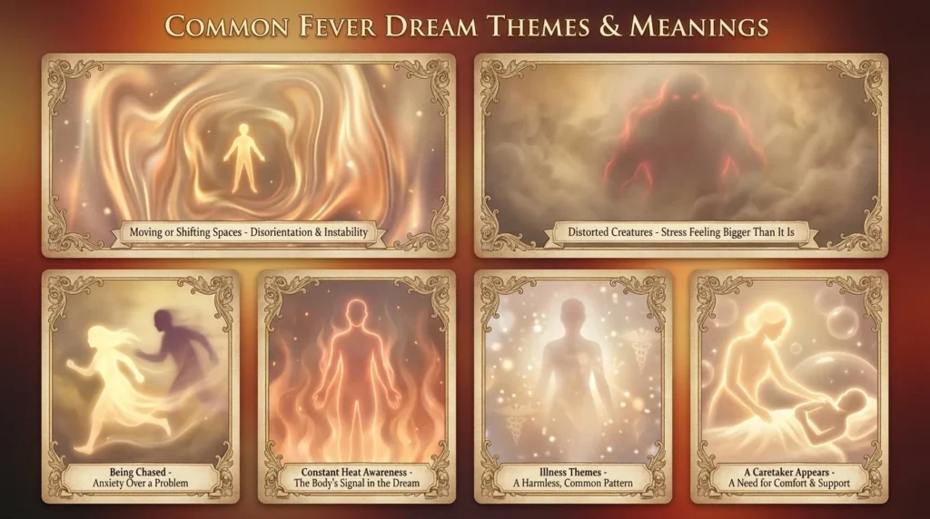 Infographic showing six common fever dream themes and meanings: moving walls, distorted creatures, being chased, constant heat awareness, illness themes, and a caretaker appearing