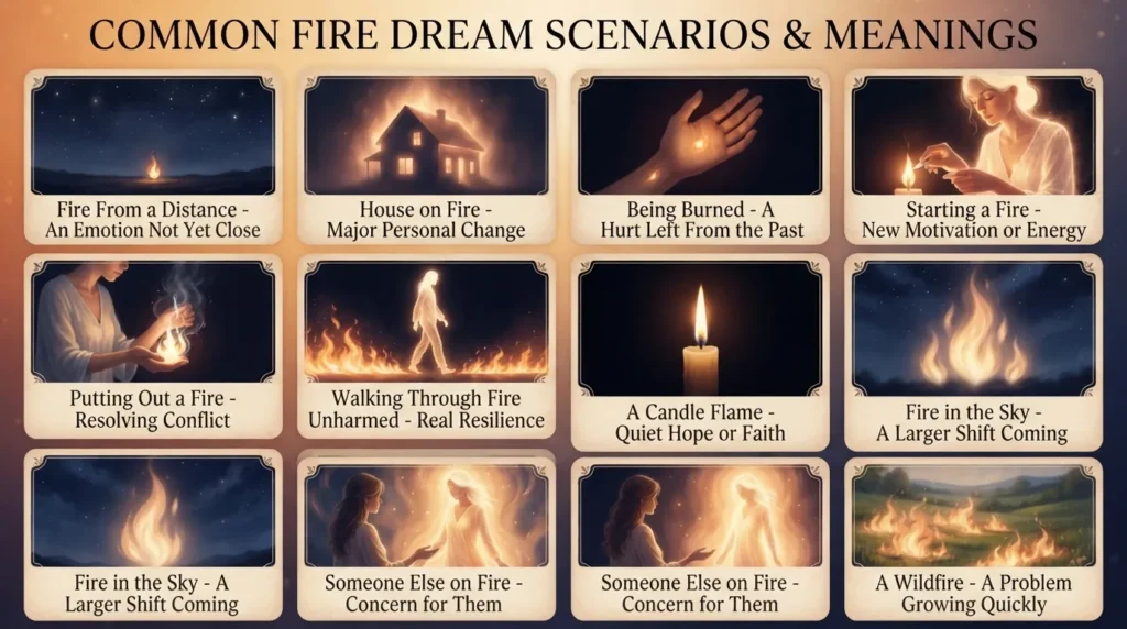 Infographic showing twelve common fire dream scenarios and meanings: fire from a distance, house on fire, being burned, starting a fire, putting out a fire, walking through fire unharmed, a candle flame, fire in the sky, someone else on fire, and a wildfire