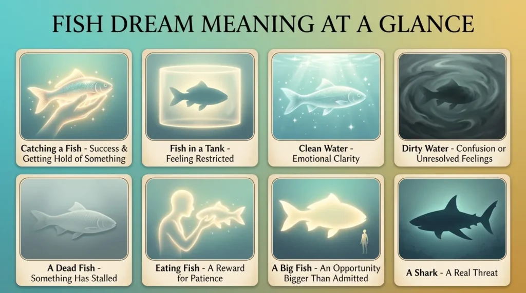 Infographic showing eight fish dream scenarios and meanings: catching a fish, a fish in a tank, clean water, dirty water, a dead fish, eating fish, a big fish, and a shark